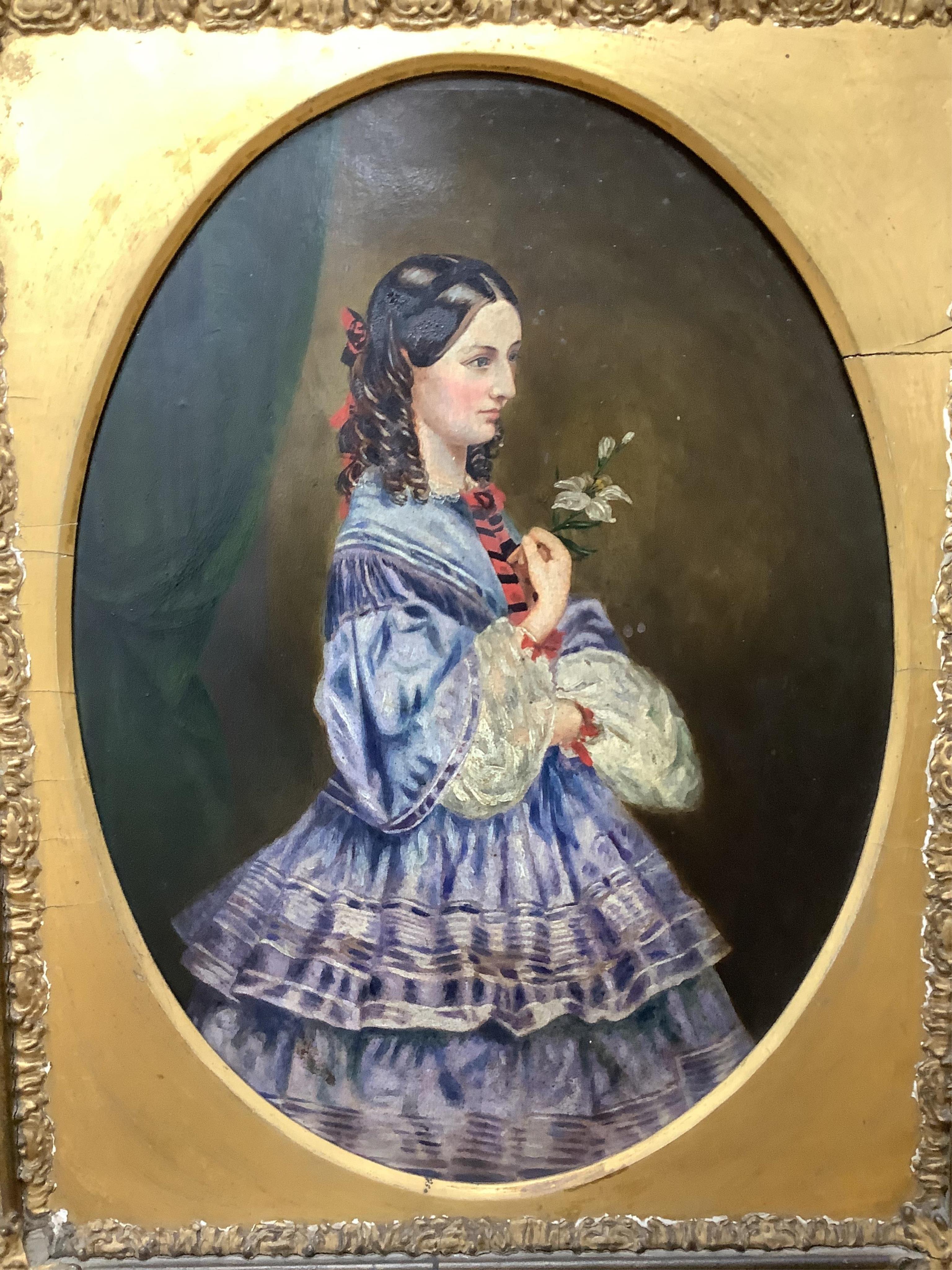 19th century, Naïve school, oval oil on board, three quarter length portrait of a lady, gilt framed, together with a similar portrait of a girl wearing garnet earrings, largest 34 x 24cm